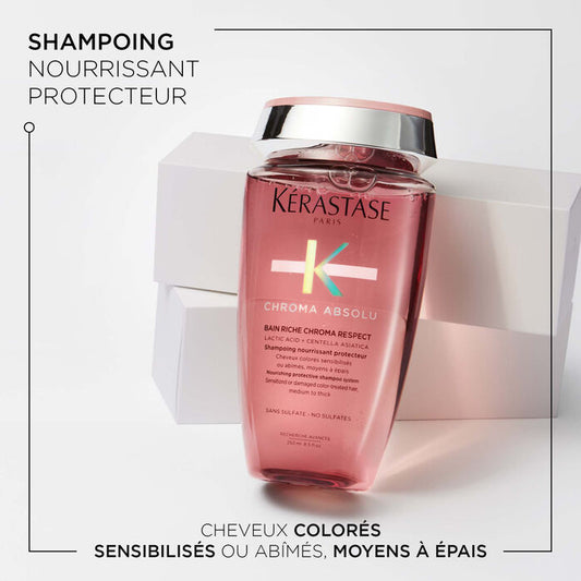 KÉRASTASE | CHROMA ABSOLU | BAIN RICHE CHROMA RESPECT | SHAMPOING NOURRISSANT & PROTECTEUR POUR CHEVEUX COLORÉS SENSIBILISÉS OU ABÎMÉS MOYENS À ÉPAIS | 250 ML