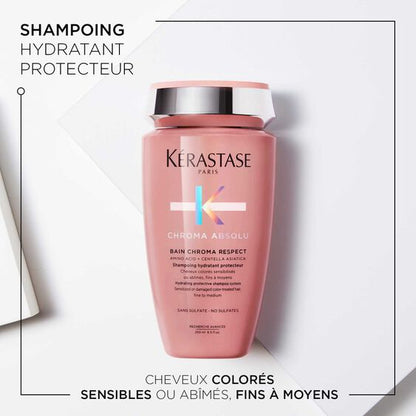 KÉRASTASE | CHROMA ABSOLU | BAIN CHROMA RESPECT | SHAMPOING HYDRATANT PROTECTEUR DOUX POUR CHEVEUX COLORÉS SENSIBILISÉS OU ABÎMÉS FINS À MOYENS | 250 ML